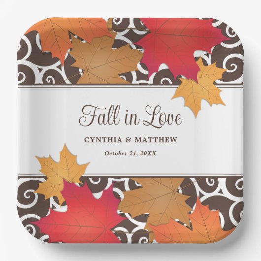 Assiettes En Carton Tomber dans l'amour Automne Feuilles Mariage Monog (Recto)