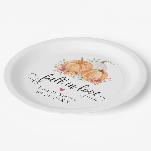 Assiettes En Carton Tomber dans l'amour Plaques Mariages Citrouilles (Angle)