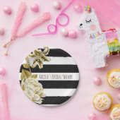 Assiettes En Carton Tonalité or Floral noir & blanc rayé (Fête)