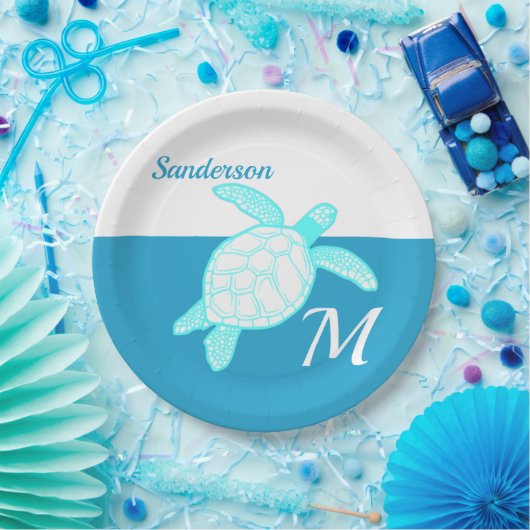 Assiettes En Carton Tortue côtière bleu Turquoise blanc (Fête)