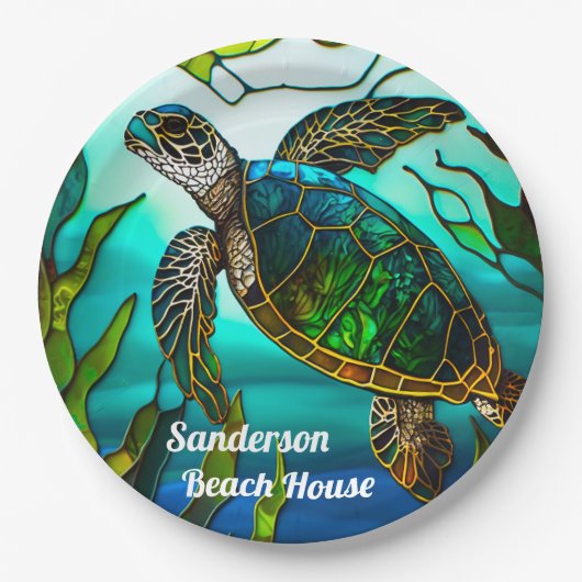 Assiettes En Carton Tortue côtière Tropical Turquoise Bleu Vert (Devant)