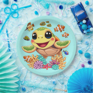 Assiettes En Carton Tortue de mer Bébé heureux et mignonne personnage