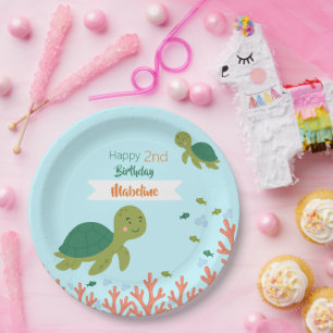 Assiettes En Carton Tortue de mer mignonne et poisson vert fête d'anni