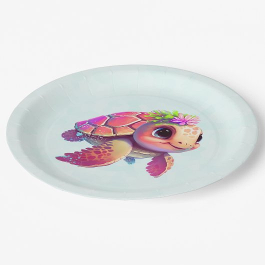 Assiettes En Carton Tortue de mer rose Whimsical & mignon (Angle)