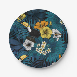 Assiettes En Carton Toucans et flore tropicale, bleu, jaune, orange