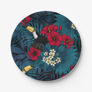 Assiettes En Carton Toucans et flore tropicale, verte et rouge