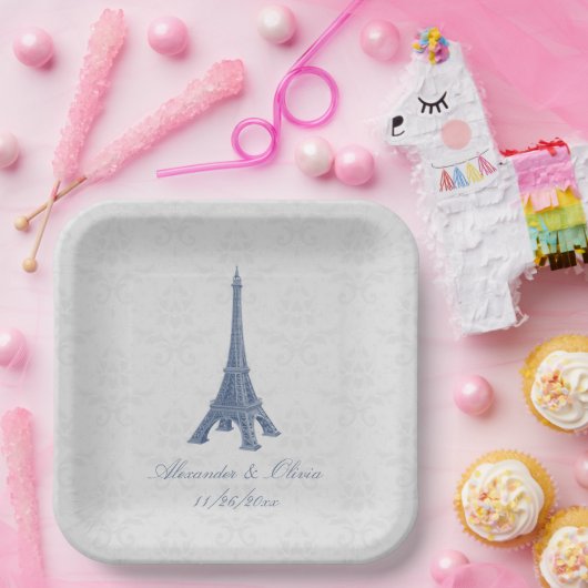 Assiettes En Carton Tour Eiffel bleu Mariage damassé Douche (Fête)
