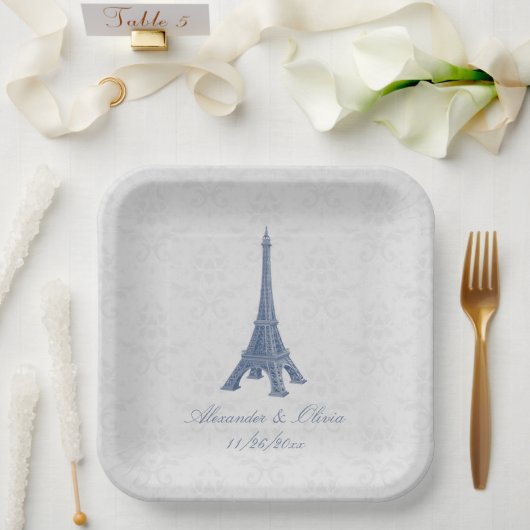 Assiettes En Carton Tour Eiffel bleu Mariage damassé Douche (Mariage)