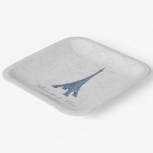 Assiettes En Carton Tour Eiffel bleu Mariage damassé Douche (Angulaire)