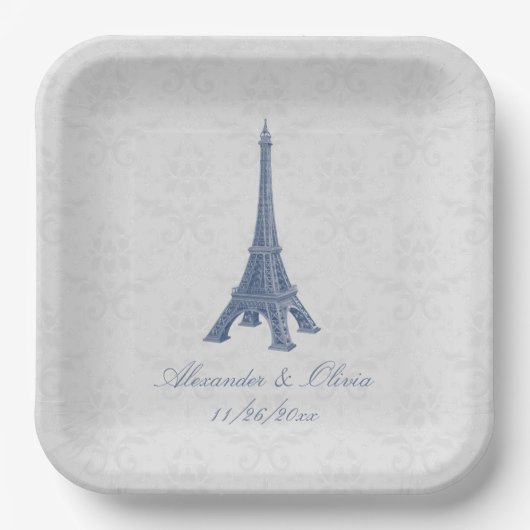 Assiettes En Carton Tour Eiffel bleu Mariage damassé Douche (Recto)
