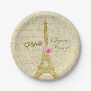 Assiettes En Carton Tour Eiffel de Paris Fête Gold & Pink Glamour