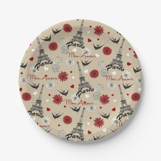Assiettes En Carton Tour Eiffel romantique, coeurs, fleurs (Devant)