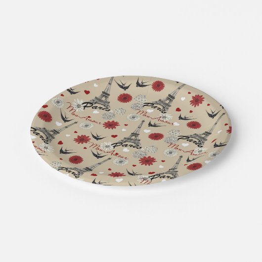 Assiettes En Carton Tour Eiffel romantique, coeurs, fleurs (Angle)
