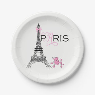 Assiettes En Carton Tour Eiffel Ruban Rose Paris France Fête Caniche