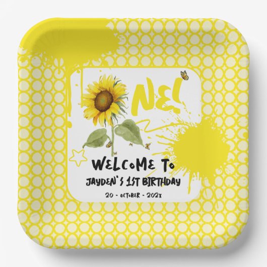 Assiettes En Carton Tournesol aquarelle avec papillons 1er anniversair (Recto)