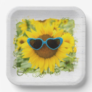 Assiettes En Carton Tournesol avec lunettes de soleil sur bois