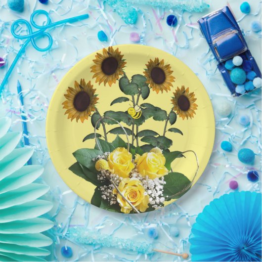 Assiettes En Carton Tournesol Bumblebee Yellow Roses Plaques en papier (Fête)