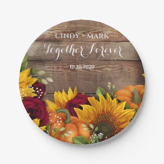 Assiettes En Carton Tournesol, Citrouille et Rose Plaques de mariage (Devant)