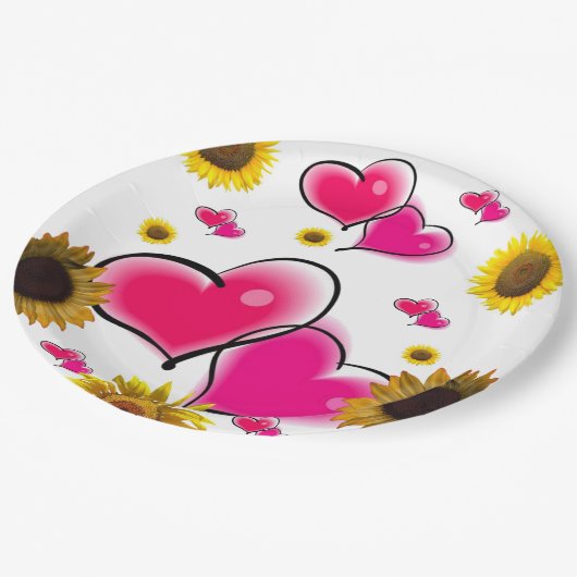 Assiettes En Carton Tournesol Coeurs roses Plaques en papier (Angle)