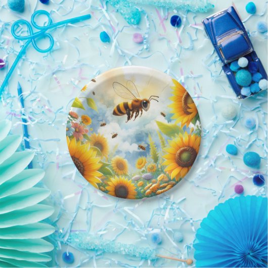 Assiettes En Carton Tournesol d'abeille occupé Thème d'anniversaire (Fête)