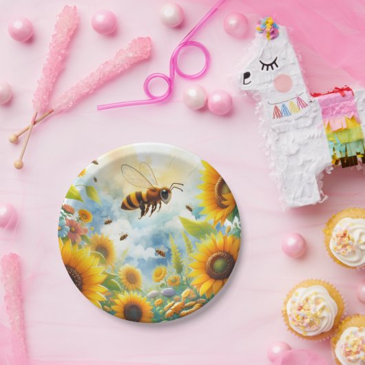 Assiettes En Carton Tournesol d'abeille occupé Thème d'anniversaire (Fête)