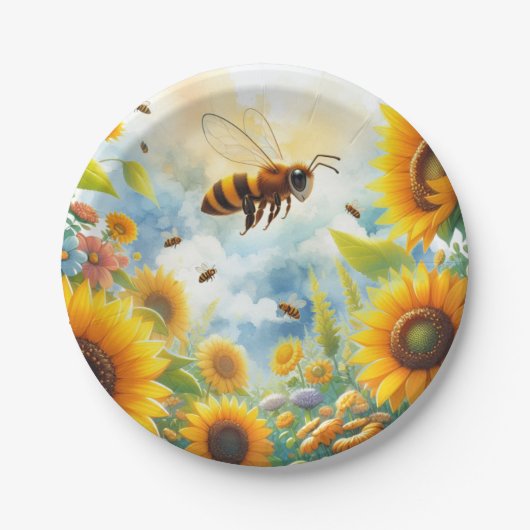 Assiettes En Carton Tournesol d'abeille occupé Thème d'anniversaire (Devant)