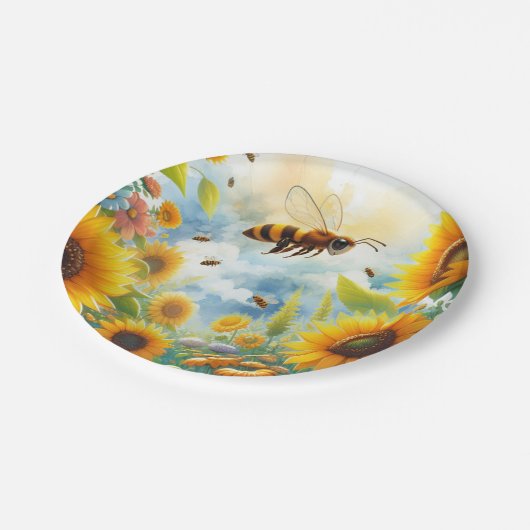 Assiettes En Carton Tournesol d'abeille occupé Thème d'anniversaire (Angle)