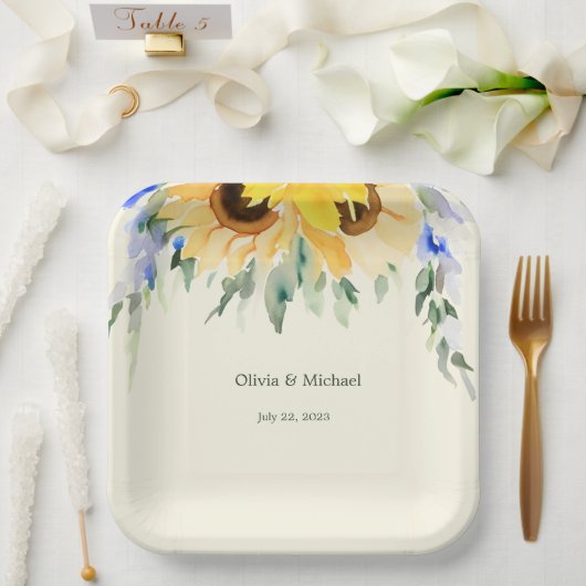 Assiettes En Carton Tournesol Elegant Aquarelle Mariage Plaques de pap (Mariage)