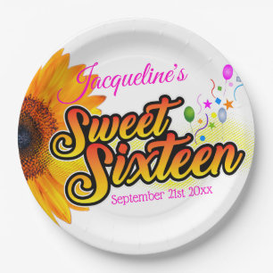 Assiettes En Carton Tournesol et ballons sur le Sweet sixteen blanc