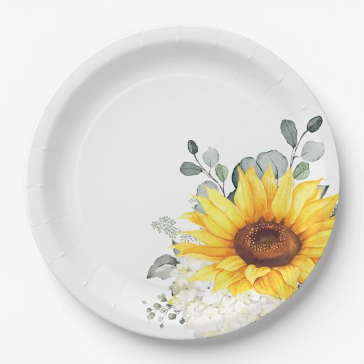 Assiettes En Carton Tournesol ivoire pivoine Floral Eucalyptus Mariage (Devant)