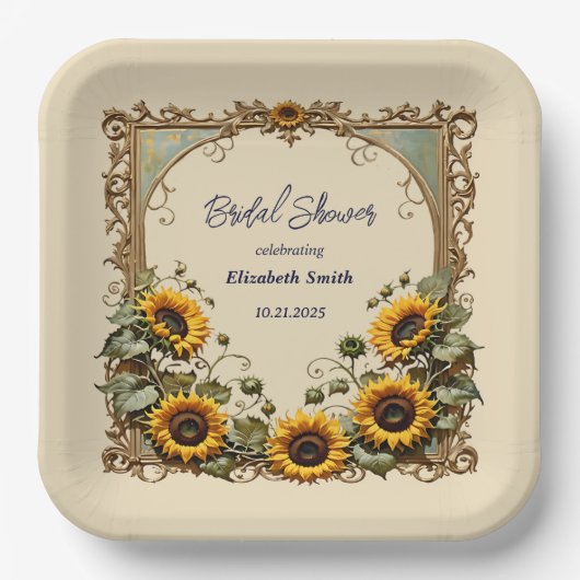 Assiettes En Carton Tournesol jaune avec cadre d'art douche nuptiale (Recto)