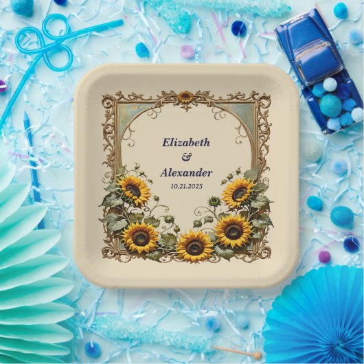 Assiettes En Carton Tournesol jaune avec cadre d'art mariage (Fête)