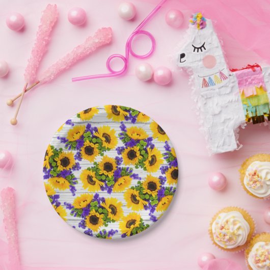Assiettes En Carton Tournesol jaune pourpre en bois blanc rustique de (Fête)