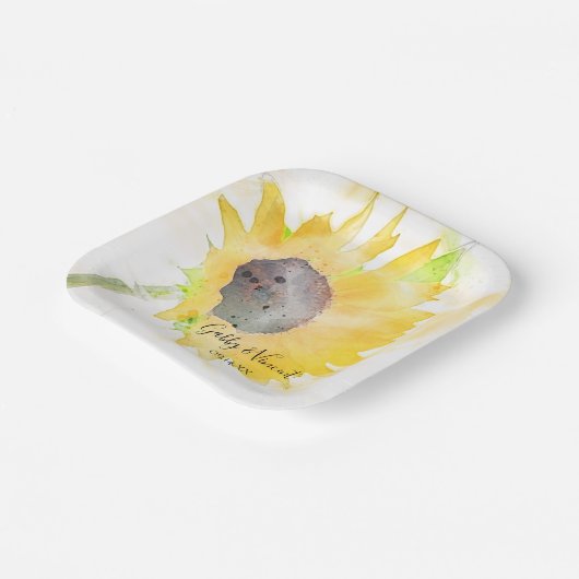 Assiettes En Carton Tournesol jaune sur Mariage d'aquarelle blanche (Angulaire)