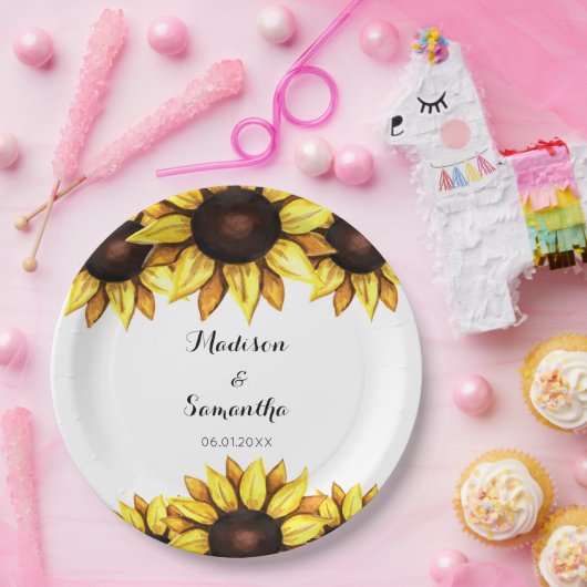 Assiettes En Carton Tournesol Mariage Aquarelle jaune Plaques de papie (Fête)
