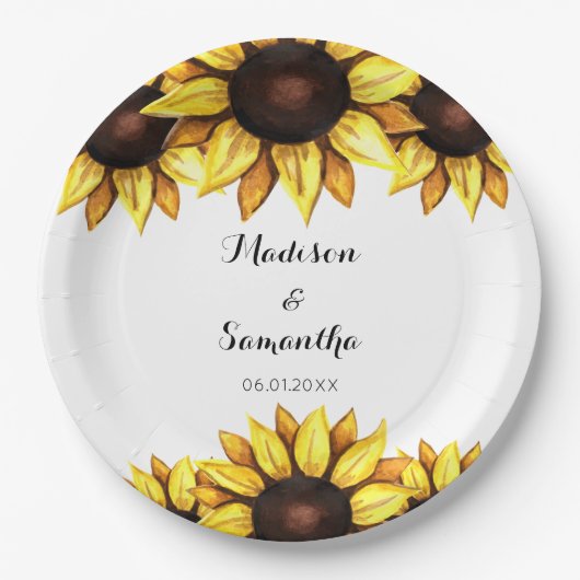 Assiettes En Carton Tournesol Mariage Aquarelle jaune Plaques de papie (Devant)