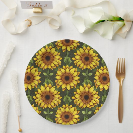 Assiettes En Carton Tournesol orange jaune avec vert et Brown (Mariage)
