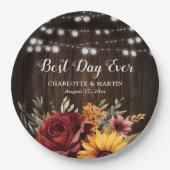 Assiettes En Carton Tournesol Rouge Rose rustique Pays Mariage en bois (Devant)