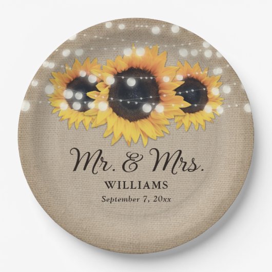 Assiettes En Carton Tournesol Rustique Burlap Mariage (Devant)