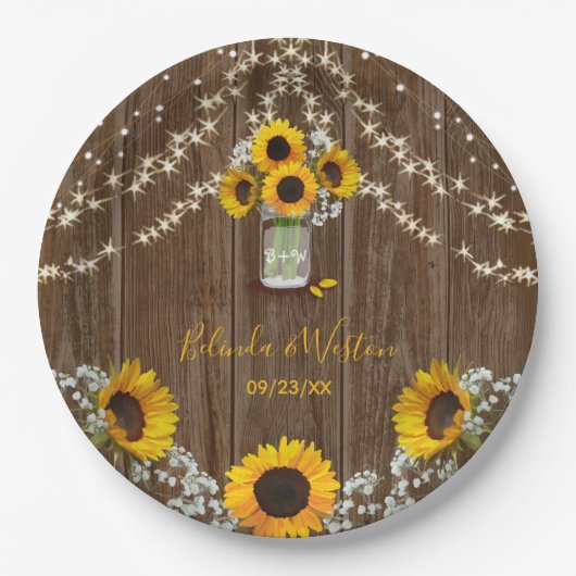 Assiettes En Carton Tournesol rustique et Mariage Mason Jar (Devant)