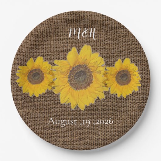 Assiettes En Carton tournesol trio en burlap look - mariage rustique (Devant)
