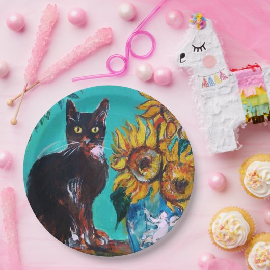 ASSIETTES EN CARTON TOURNESOLS AVEC CHAT NOIR EN BLEU TURQUOISE (Fête)