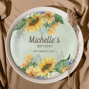 Assiettes En Carton Tournesols Feuilles d'eucalyptus Anniversaire Nom