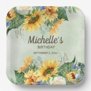 Assiettes En Carton Tournesols Jaunes Eucalyptus Vert Anniversaire
