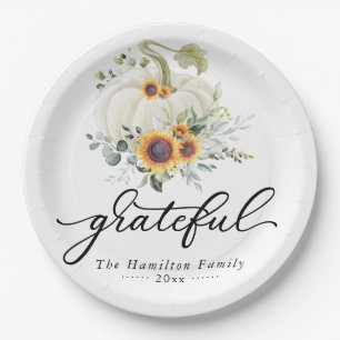 Assiettes En Carton Tournesols reconnaissants Citrouille blanche Thank