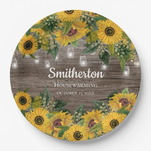 Assiettes En Carton Tournesols Rustique Chaîne de bois Lumières (Devant)