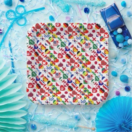 Assiettes En Carton Tournoi du Qatar 2022 32 Coeurs Pays Drapeaux (Fête)