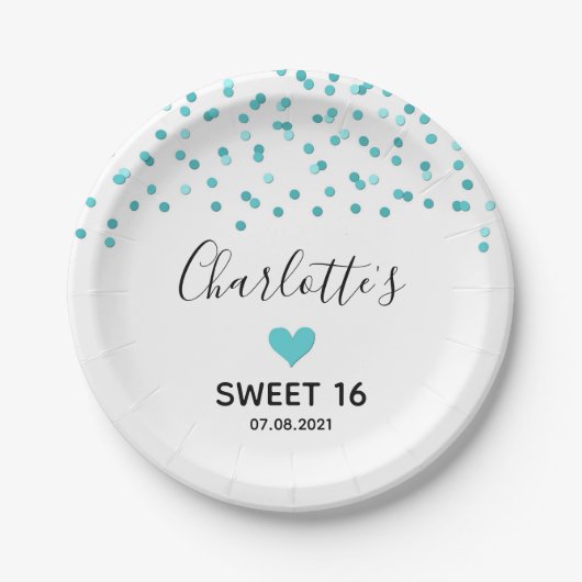Assiettes En Carton Tourquoise Confetti Sweet 16 Anniversaire (Devant)