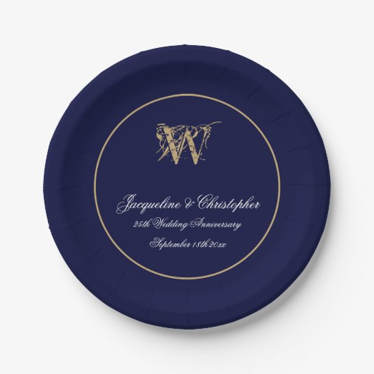 Assiettes En Carton Tout Anniversaire Monogramme Script Chic Marine Bl (Devant)