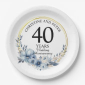 Assiettes En Carton Tout Mariage (40) Élégant Anniversaire Floral Bleu (Devant)